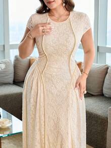 Modelyn Women's Elegant Minimalist Round Neck 3D Lace Long Dress, Plus Size, Summer - Apricot - View 8
