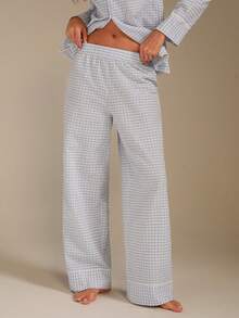 Athîral Women's Casual Collar Long Sleeved Loose Top Plaid And Loose Pants Pajama Set, Suitable For All Seasons Daily Home Wear With A Relaxed And Casual Feel - Blue - View 5