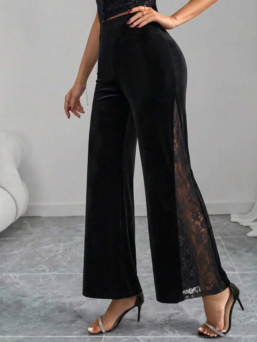 Lavishia 女款優雅性感派對晚宴酒吧夜店天鵝絨拼接蕾絲秋季長褲,喇叭褲,適合日常穿著,修身顯瘦黑色 - 黑色 - 查看 1
