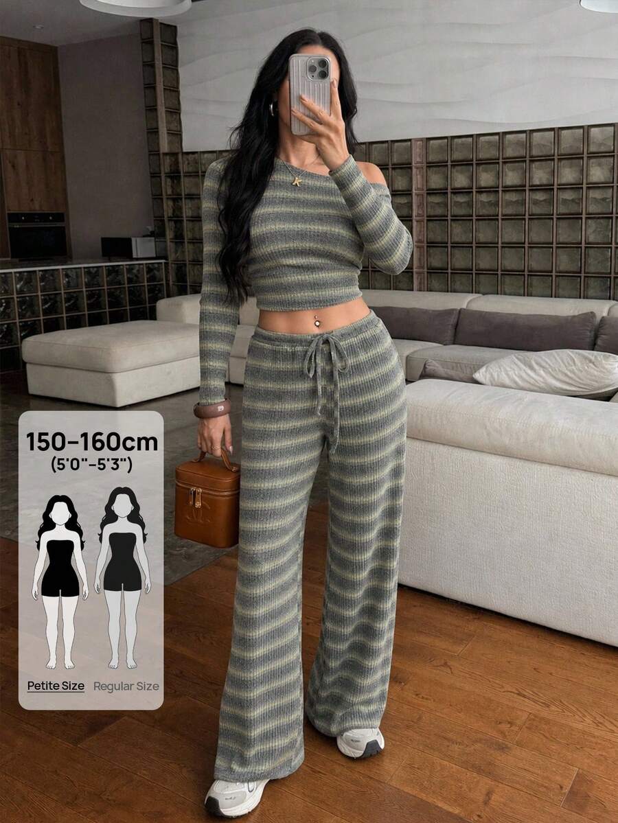 SHEIN PETITE 女款軍綠色單肩針織上衣與長褲兩件套 - 軍綠色 - 查看 1