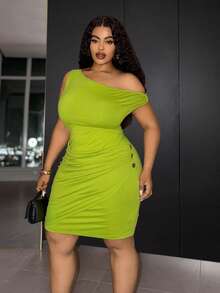 Slaydiva Summer New Elegant & Graceful Slim Fit Matcha Green Asymmetrical Shoulder Ruched Waist Metal Buckle Decor Bodycon Stretch Knit Fabric Women Plus Size Short Dress For Wedding, Friends Gathering, Elegant Party, Cocktail Party, Birthday Party, Date, Afternoon Tea, Brunch, Holiday, Girls Dinner, Vacation And More - Limelight Green - View 8