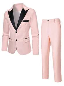 Calvornis Men's Contrast Color Lapel Jacket & Pants Suit Set - Baby Pink - View 3