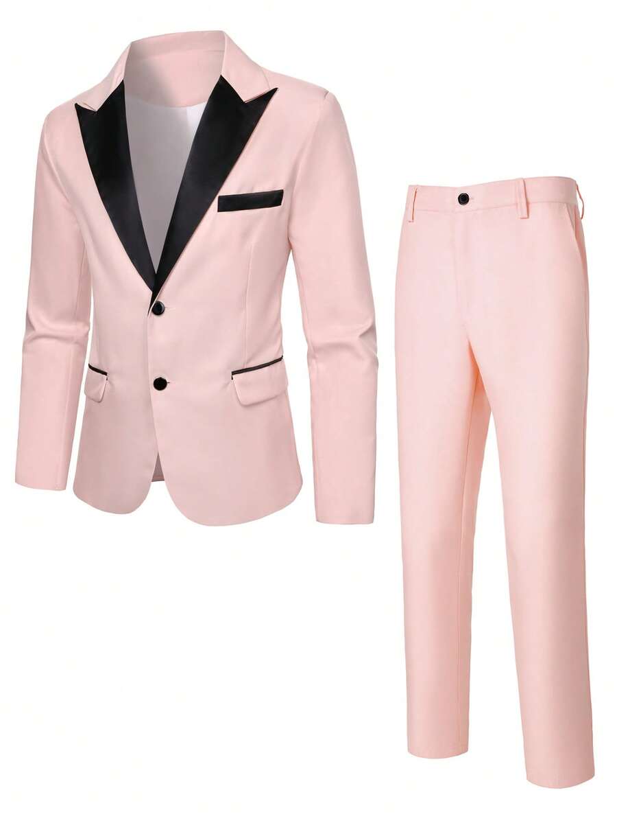 Calvornis Men's Contrast Color Lapel Jacket & Pants Suit Set - Baby Pink - View 1