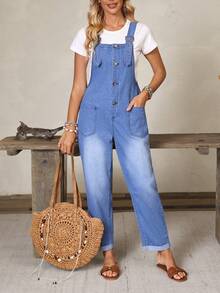 Balvessa Women's Fashion Versatile Button Pocket Denim Overalls - Blue - View 6