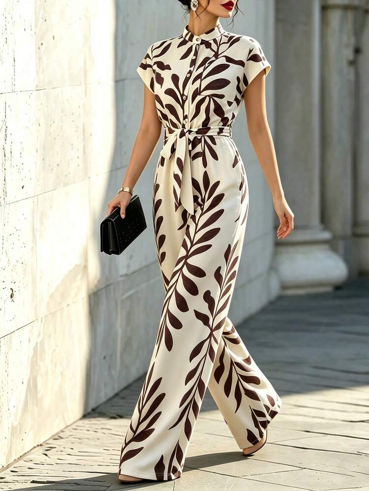 SHEIN Women's Elegant Stand Collar Open Front Shoulder-Connected Short Sleeve Cinched Waist Wide Leg Long Jumpsuit - Apricot - View 3