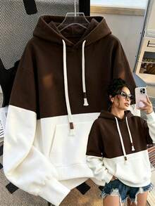 GlowEve Vintage Colorblock Brown & White Hooded Sweatshirt, Loose Casual Slouchy, Drawstring, Large Pockets, Versatile Slimming Pullover Sweatshirt For Women - Multicolor - View 1