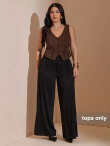 SHEIN BAE CURVE 大尺碼女款皮革V領掛鉤扣背心上衣 - 咖啡棕 - 查看 5