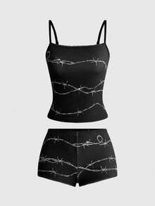 ROMWE Dark Gothic Punk Thorn Print Fitted Cami Top & Ultra Low Waist Mini Shorts 2 Pieces Set - Black - View 1