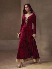 MOTF PREMIUM V-NECK GOLD LACE PATCHWORK VELVET JACQUARD WAIST-CINCHED A-LINE DRESS, ELEGANT & MINIMALIST - Burgundy - View 5