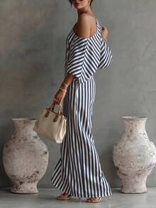 Balvessa Women's Asymmetric Neck Striped Casual Daily Summer Travel Dress - Navy Blue - View 3