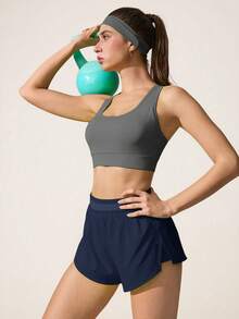 Easithlete Easithlete Casual Versatile Navy Blue Waistband Patchwork Mesh Slimming Storage Pocket Sports Shorts - Navy Blue - View 6