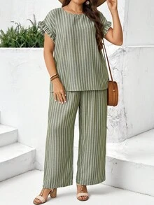 EMERY ROSE Conjunto de 2 piezas talla grande: Blusa de manga con hombros y puños con volantes, espalda con gota de agua, cuello redondo y pantalones de cintura elástica con cordón, negro, bohemio casual para primavera/verano - Multicolor - Ver 11