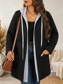EMERY ROSE Plus Size Women's Color Block Hooded Zip Up Long Sleeve Contrast Trim Pocket Mid-Length Jacket Outerwear Autumn Coat Fashion 2026 Concert Black Baggy - Multicolor - View 10