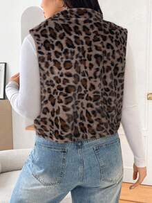 SHEIN EZwear 大码女式拉链前羊毛豹纹夹克，秋冬豹纹背心女式背心 - 棕色 - 查看 2