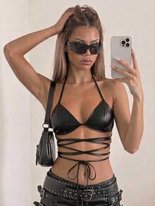 SHEIN ICON Crisscross Tie Backless Patent Halter Black Top - Black - View 3