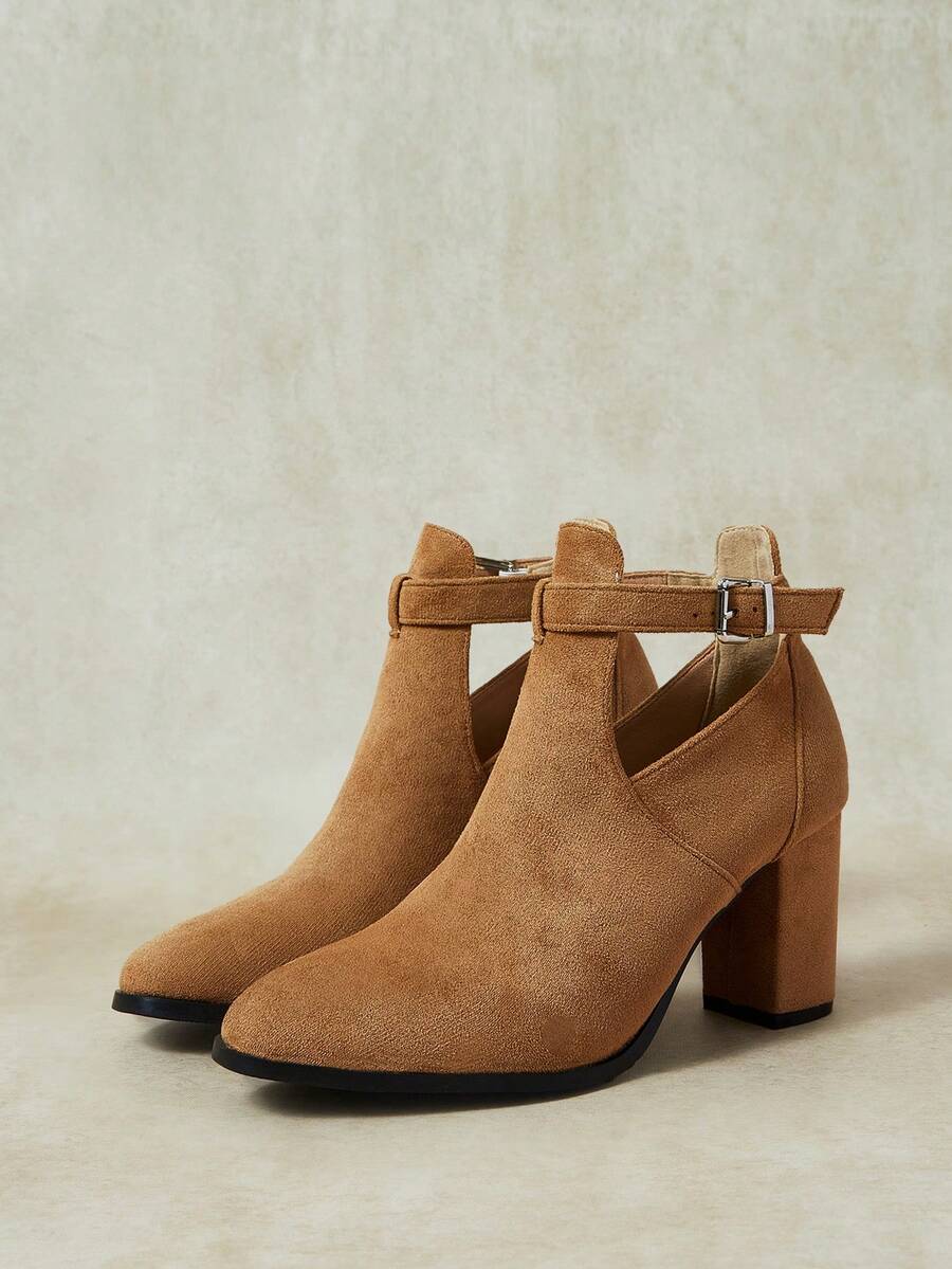 Styleloop Women Shoes Autumn And Winter Suede Metal Buckle Round Toe Thick Heel Ankle Boots Simple Commuter Style Workplace Daily Wear Fall Shoes - Khaki - View 1