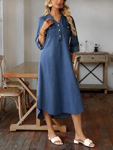 EMERY ROSE Solid Color Asymmetrical Hem Denim Dress With Notched Collar - Medium Wash - View 4
