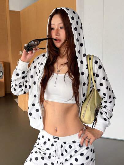 K-Vae Women's Korean Style White Polka Dot Short Hooded Zip-Up Sweatshirt, Loose Fit Versatile Casual Athleisure Baggy Jacket Top Travel Autumn