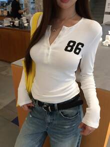 DAZY Women's Round Neck Letter Korean Style Solid Color Long Sleeve Spring Summer T-Shirt - White - View 3