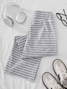 SHEIN 1件青少年女孩高級紋理布料白色百搭休閒舒適長褲 夏季新品 - 灰色 - 查看 2