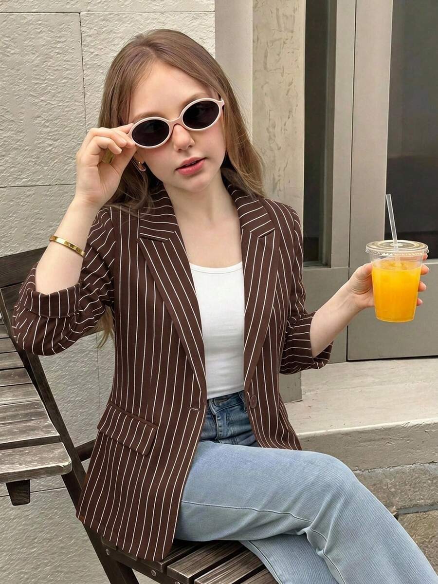 SHEIN Tween女孩優雅休閒條紋秋季上衣,棕色與白色條紋長袖,適合日常穿著與返校季 - 棕色 - 查看 1