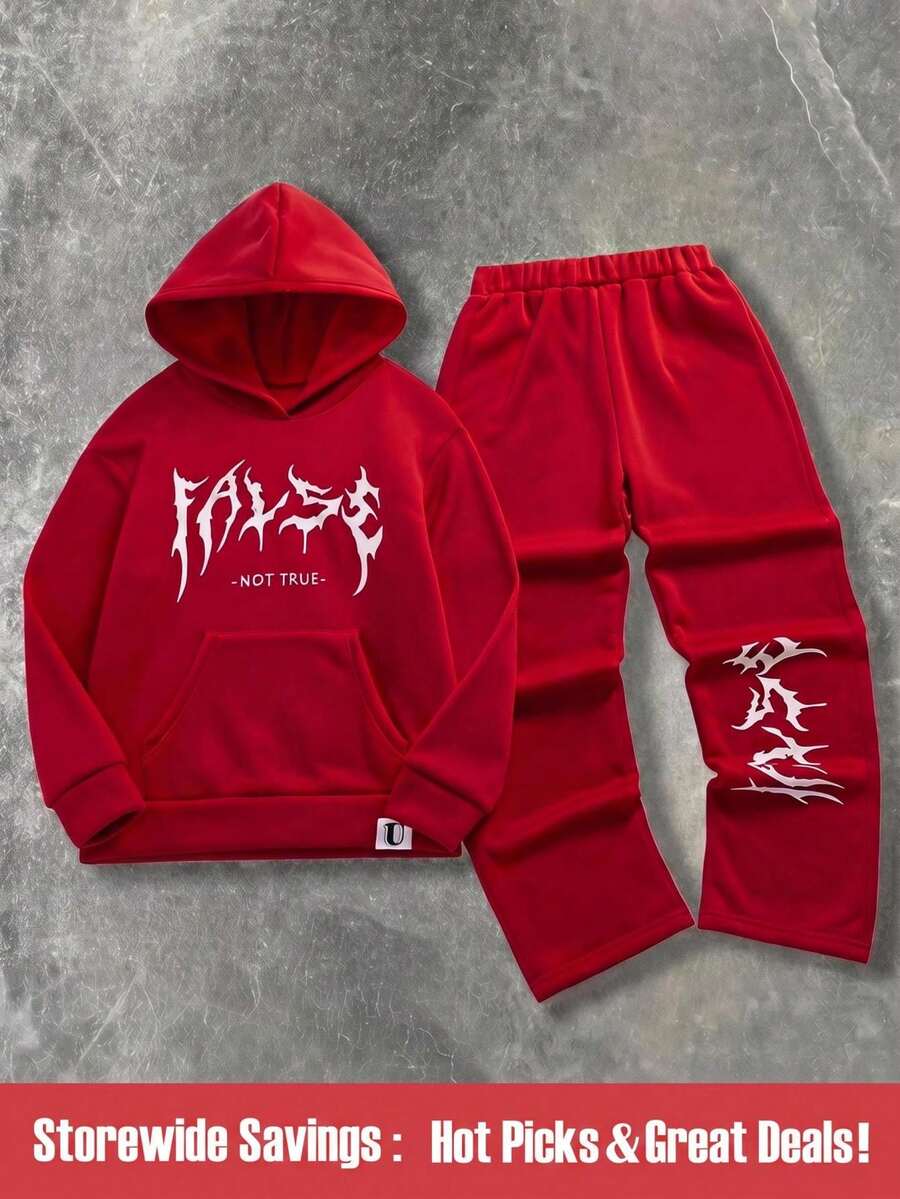 SHEIN 2 件套 Tween Boy 时尚图案印花连帽衫和运动裤套装 - 紅色 - 查看 1