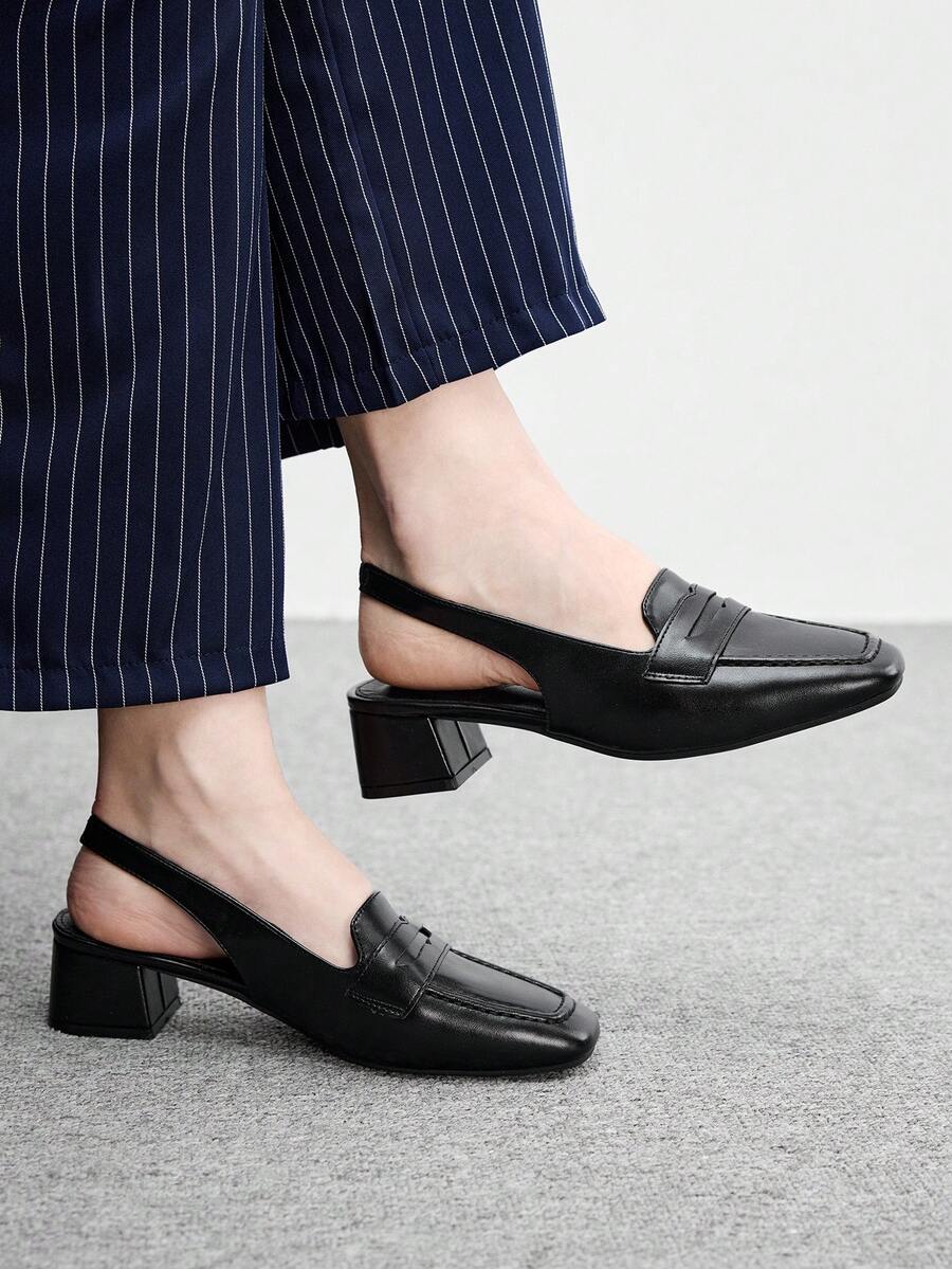 CUCCOO BIZCHIC 女款方頭粗跟黑色時尚極簡後扣帶樂福鞋,百搭舒適通勤鞋,適合度假與外出 - 黑色2 - 查看 1