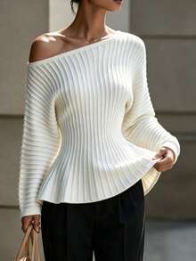 SHEIN Women's Elegant Asymmetrical Shoulder Waist-Cinching A-Line Pullover Sweater - Beige - View 3