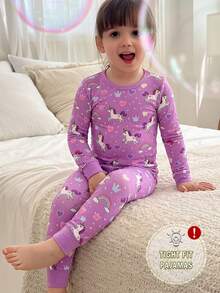 Conjunto de pijama de 2 piezas para niñas pequeñas, cómodo y suave, de tela de rayón de alta elasticidad, con estampado integral de arcoíris y unicornio, leggings de manga larga y cuello redondo - Púrpura malva - Ver 2