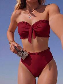Swim Mod 女款夏季海灘純色荷葉邊飾抹胸比基尼套裝，前襟打結，兩件式黑色泳衣 - 紅色 - 查看 1