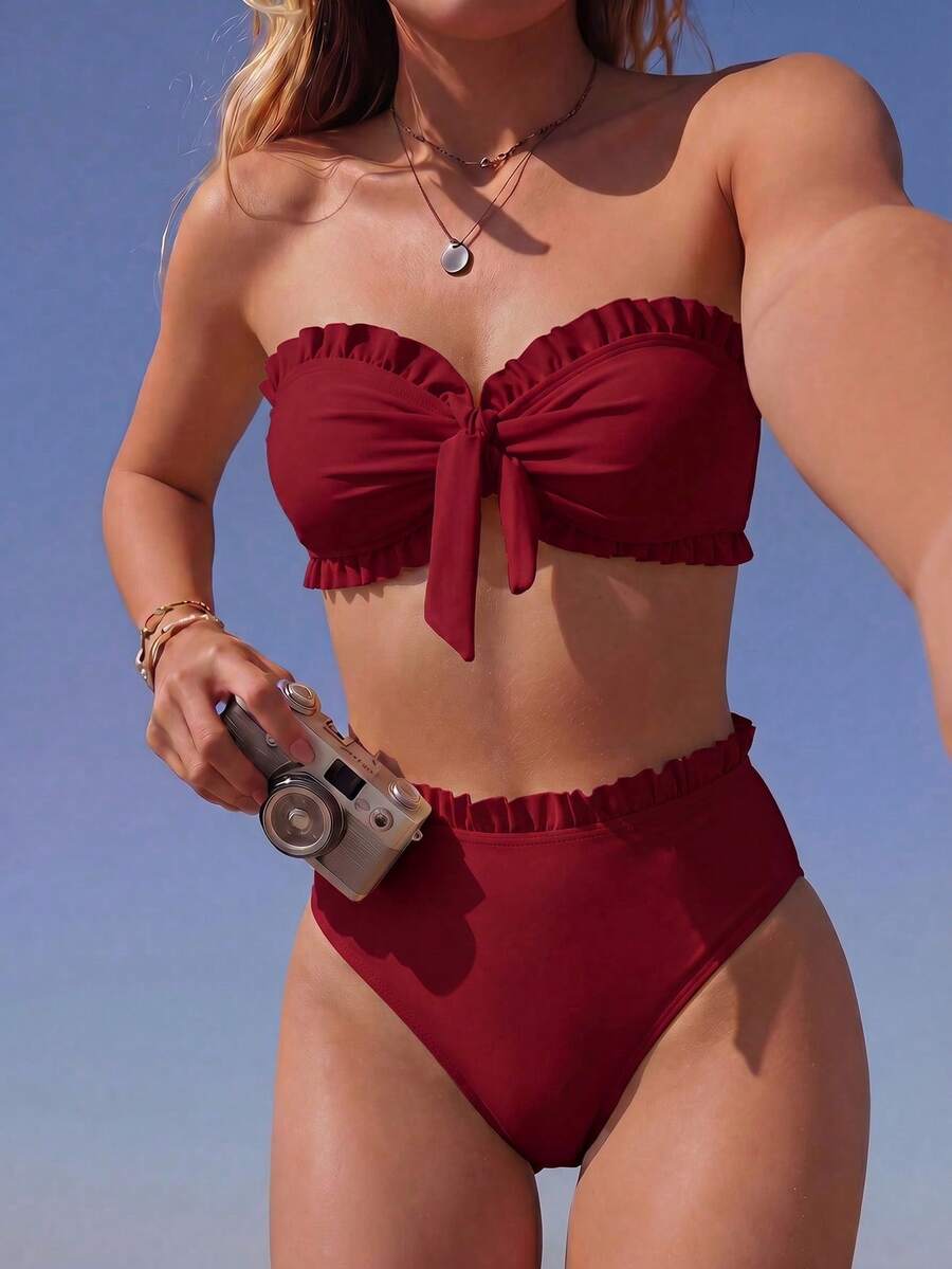 Swim Mod 女款夏季海灘純色荷葉邊飾抹胸比基尼套裝,前襟打結,兩件式黑色泳衣 - 紅色 - 查看 1