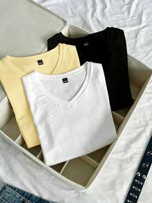 SHEIN EZwear 3件組女款夏季V領修身T恤，龐克次文化動漫純色基礎款V領短袖修身T恤 - 彩色 - 查看 7