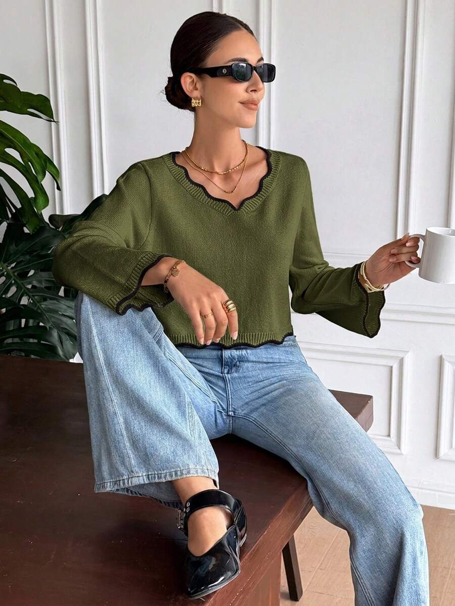 Serisse Women's Colorblock V-Neck Casual Daily Long Sleeve Sweater - Army Green - View 1
