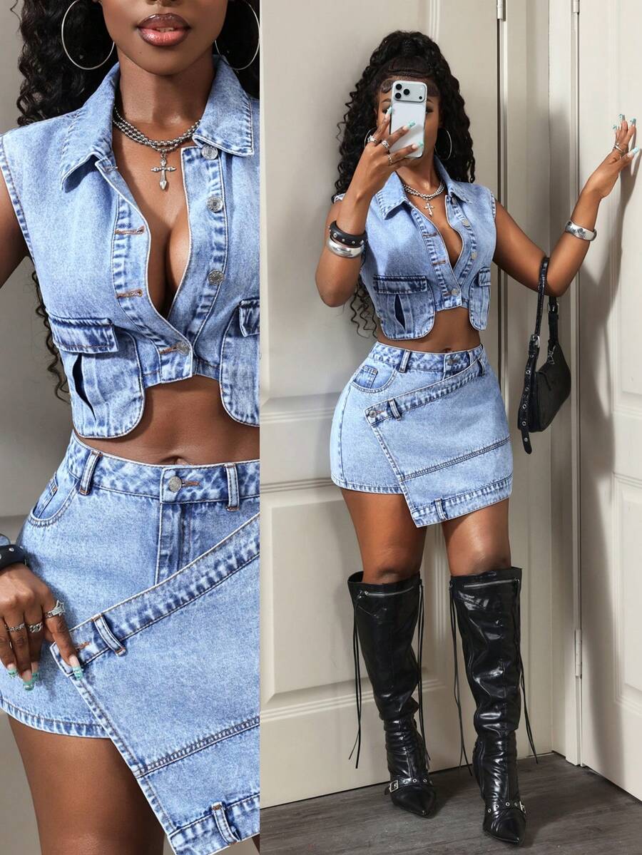 BamGleam Set Denim Kasual untuk Wanita di Luar Ruangan - Medium Wash - View 1