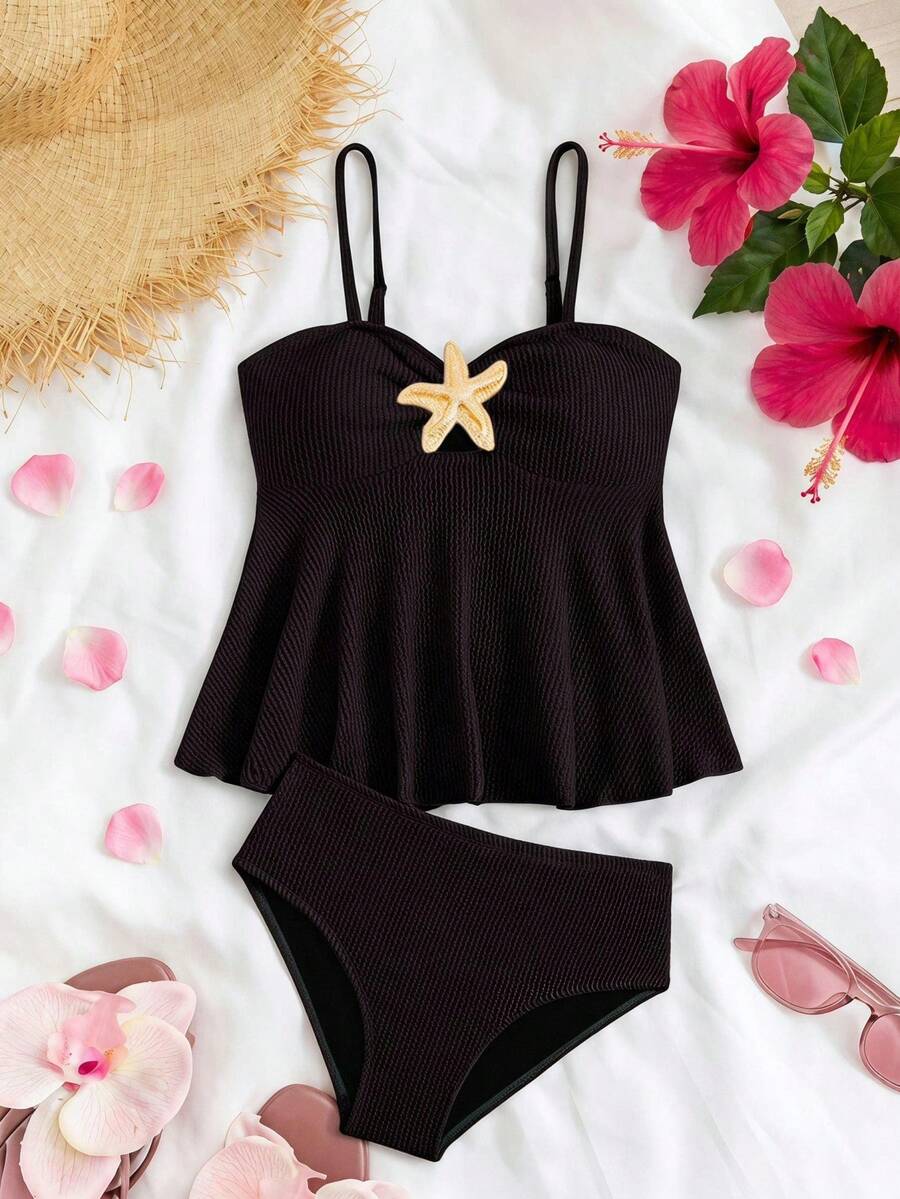 SHEIN 青少年女孩細肩帶式比基尼兩件式套裝海灘泳衣 - 黑色 - 查看 1