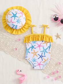 SHEIN Baju Renang Terusan Bayi Perempuan Baru Lahir dengan Tali Bahu Tipis dan Hiasan Pita, Plus Topi, Motif Pantai yang Lucu - Kuning - View 2