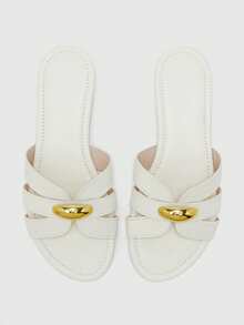 CUCCOO BIZCHIC White Metal Buckle Cross Slippers Women's Summer Wear Retro Flat Bottom Versatile Soft-Soled Sandals - White - View 1