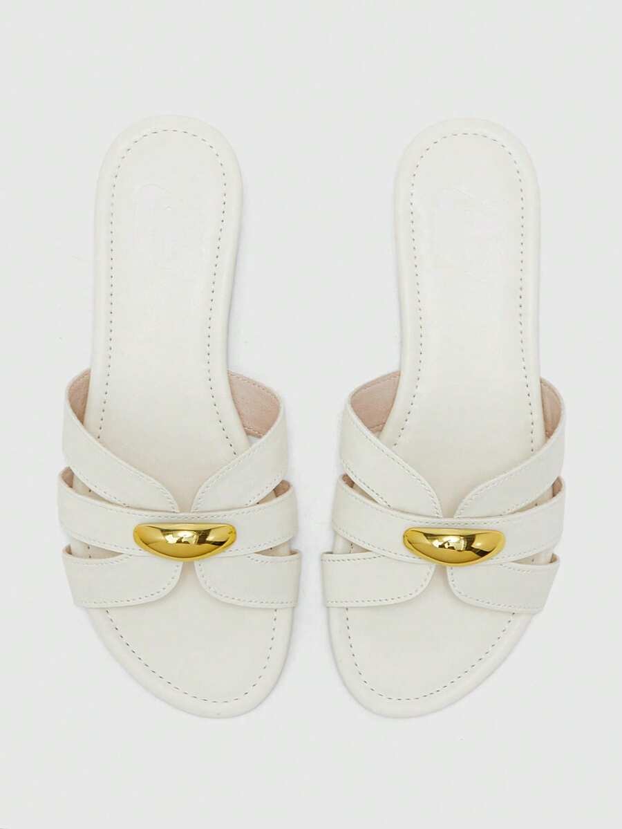 CUCCOO BIZCHIC White Metal Buckle Cross Slippers Women's Summer Wear Retro Flat Bottom Versatile Soft-Soled Sandals - White - View 1