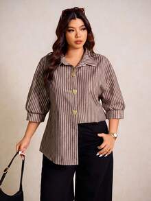 Elaquor Plus Size Casual Commuter Striped Shirt - Brown - View 4