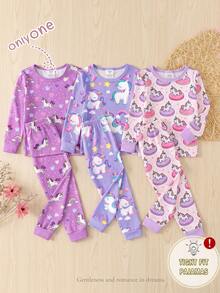 Conjunto de pijama de 2 piezas para niñas pequeñas, cómodo y suave, de tela de rayón de alta elasticidad, con estampado integral de arcoíris y unicornio, leggings de manga larga y cuello redondo - Púrpura malva - Ver 1