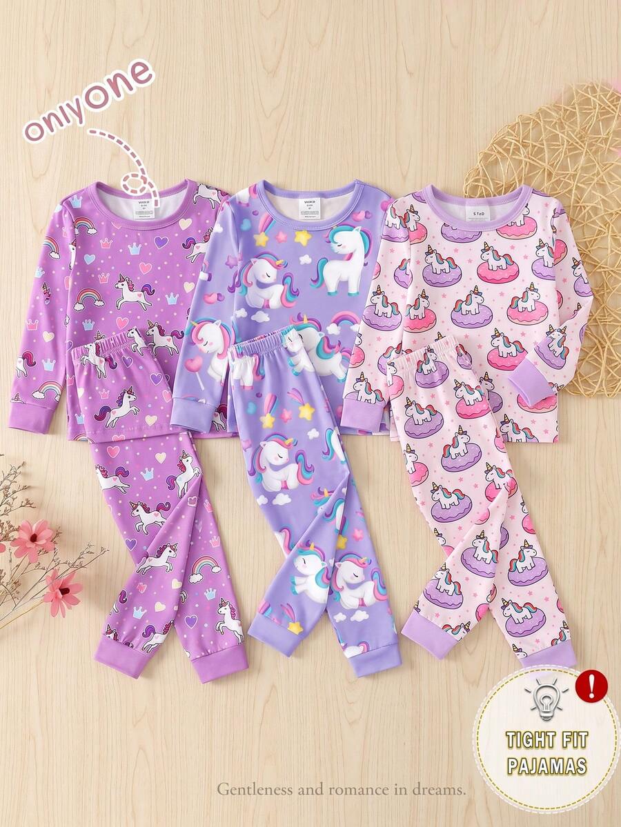 Conjunto de pijama de 2 piezas para niñas pequeñas, cómodo y suave, de tela de rayón de alta elasticidad, con estampado integral de arcoíris y unicornio, leggings de manga larga y cuello redondo - Púrpura malva - Ver 1