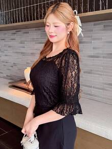 Bijouette Plus Size Black Lace Square Neck Puff Sleeve Blouse Ruffle Cuffs Ruched Slim Fit Women Slimming Versatile Elegant Brunch Birthday Summer - Black - View 4