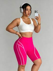 SHEIN Velisys Seamless Plus Size Colorblock Bermuda Biker Shorts - Hot Pink - View 6