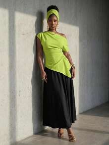 BamGlimmer Women Fluorescent Green Asymmetrical Neck Ruched Fashion Blouse - Green - View 3