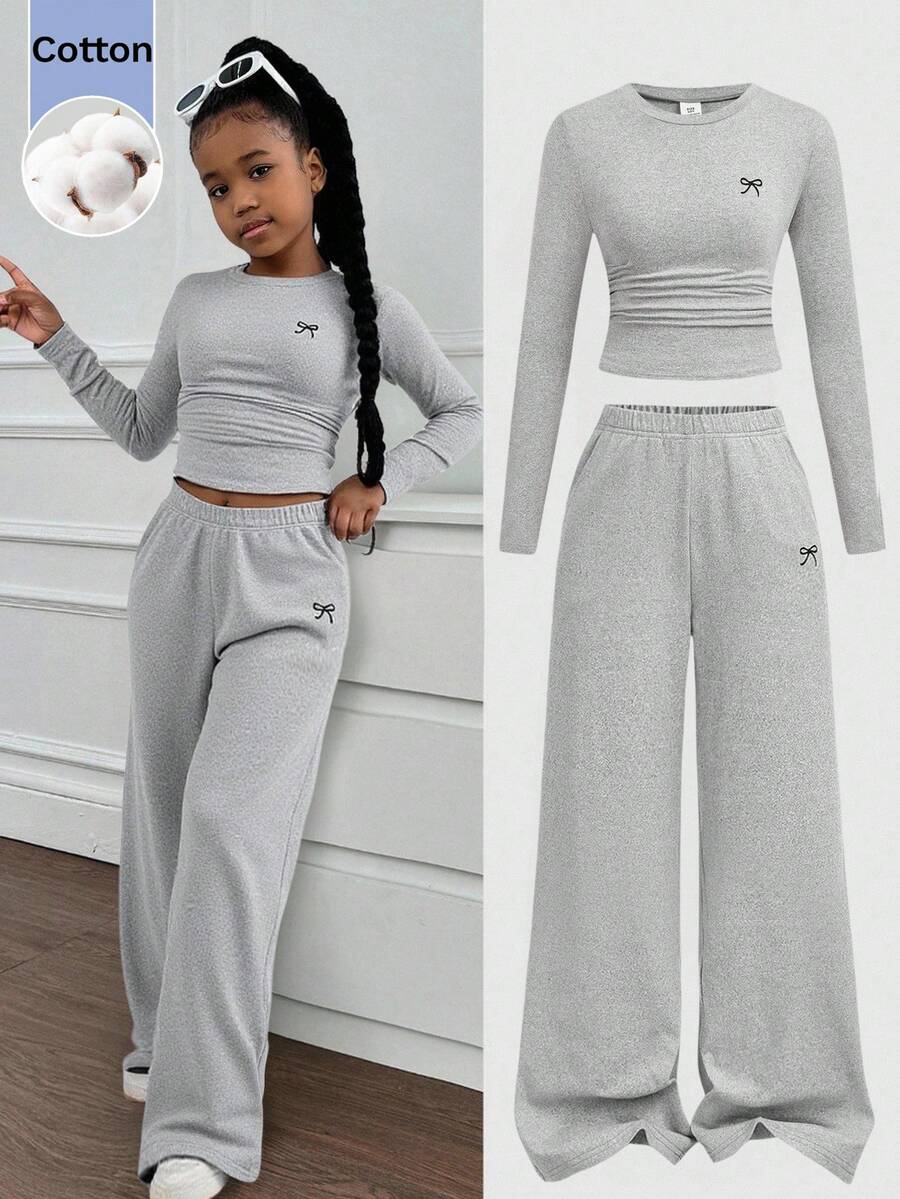 SHEIN Tween Girl Tween Girls Versatile Bow Pattern Long Sleeve Top And Pants 2 Pieces Set, Light Gray - Grey - View 1
