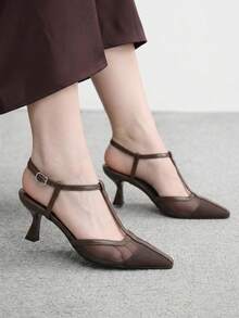 CUCCOO BIZCHIC 法式復古尖頭網布T字帶扣小貓跟女鞋 氣質百搭通勤女高跟鞋 - 棕色 - 查看 5