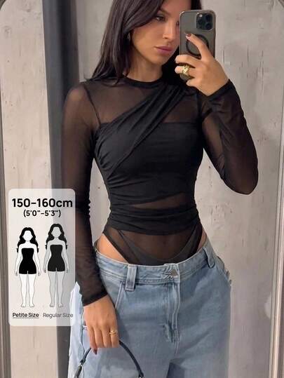 SHEIN PETITE Autumn/Winter Solid Black Asymmetrical Strap Long-Sleeve Sheer Lace-Up Women's Jumpsuit-Perfect For Cocktail Parties, Romantic Dates, Layering As A Knit Base Layer In Fall And Winter, Parties, Formal Gatherings, Evening Outings, Halloween, And Christmas