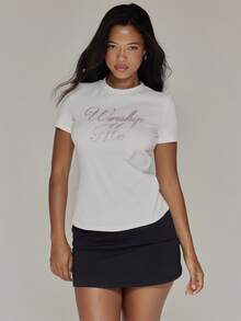 MUSERA White Cotton Diamante 'Worship Me' Tshirt Summer Autumn Cute Everyday Y2K Autumn Fall Winter - White - View 2