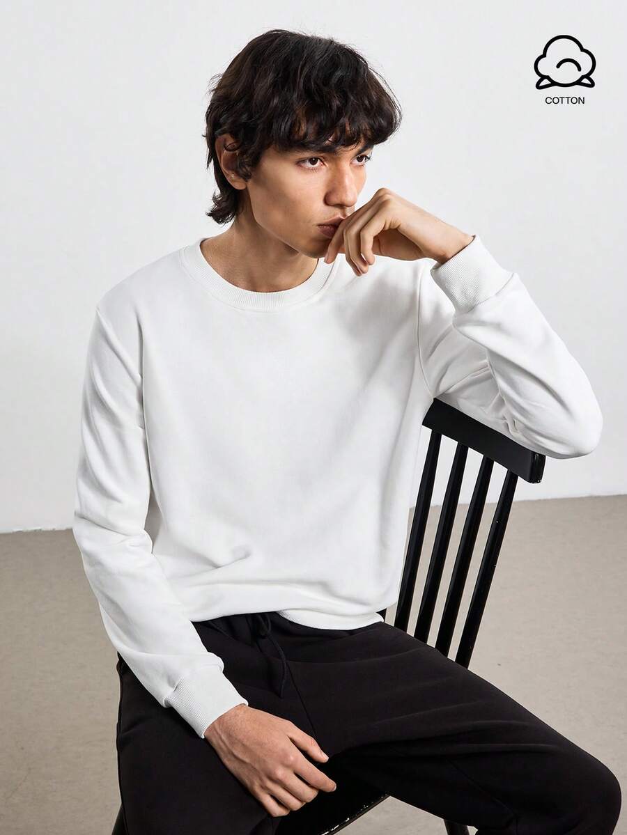 Merionis Men's Solid Color Minimalist Versatile Crew Neck Long Sleeve Pullover Sweatshirt