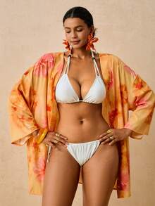 Travachic Baju Penutup Wanita Ukuran Besar Motif Ikan Laut Aprikot, Kimono Longgar Lengan Sedang, Motif Romantis Musim Semi Awal Pantai Pemandian Air Panas - MultiWarna - View 2